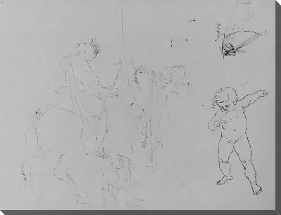 Картина Стоящая женщина; ребенок, прислонившийся к аквариуму; Плачущий путто; Конный солдат; Брыкающаяся лошадь и упавший всадник; полуобнаженная сидящая фигура; гребная лодка (из альбома для рисования)