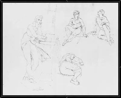 Две сидящие фигуры; одна спящая фигура; стоящий человек, облокотившийся на перила корабля (из альбома для рисования)