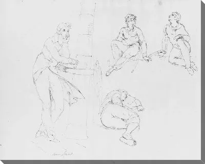 Две сидящие фигуры; одна спящая фигура; стоящий человек, облокотившийся на перила корабля (из альбома для рисования)