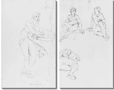 Две сидящие фигуры; одна спящая фигура; стоящий человек, облокотившийся на перила корабля (из альбома для рисования)