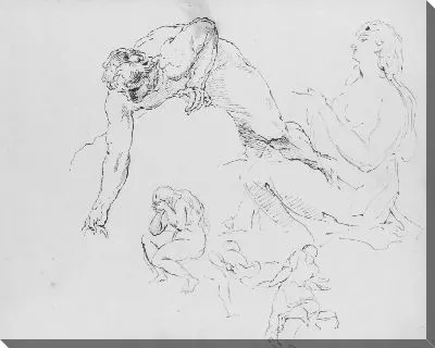 Картина Обнаженный мужчина, опирающийся на скалу; Сидящая женская фигура; Сидящая обнаженная женская фигура с руками к лицу; Двое мужчин несут мёртвое тело (из альбома для рисования)