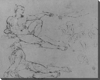 Картина Творение Адама; спящий Адам, после Микеланджело; другие фигуры; профиль головы человека в Гельмуте (из альбома эскизов)