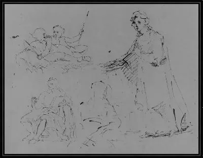 Пять рисунков: женщина спускается по лестнице; двое детей ловят рыбу; мужчина сидит; женщина сидит (из альбома для рисования)