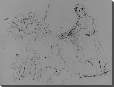 Пять рисунков: женщина спускается по лестнице; двое детей ловят рыбу; мужчина сидит; женщина сидит (из альбома для рисования)