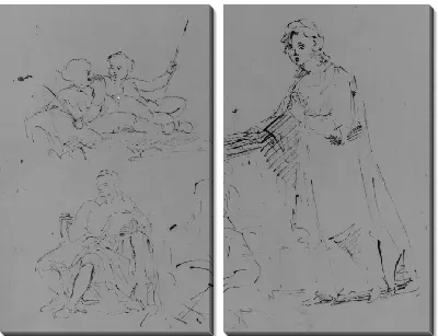 Пять рисунков: женщина спускается по лестнице; двое детей ловят рыбу; мужчина сидит; женщина сидит (из альбома для рисования)