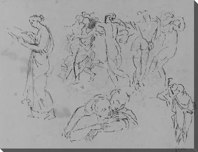 Картина Наброски двух женщин, мужчины, сражающегося со зверем, два фрагмента мебели (из альбома для эскизов)