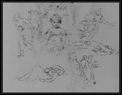 Картина Портрет девушки в цветочной беседке, идущая задрапированная женская фигура, Ангел, Мертвая мать и ребенок, три задрапированные фигуры (из альбома для эскизов)