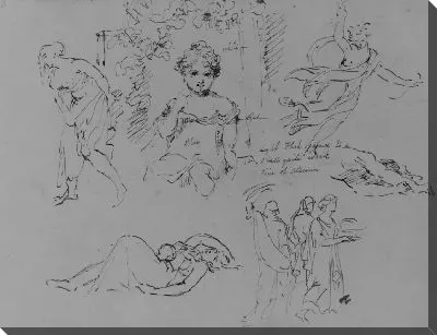 Картина Портрет девушки в цветочной беседке, идущая задрапированная женская фигура, Ангел, Мертвая мать и ребенок, три задрапированные фигуры (из альбома для эскизов)