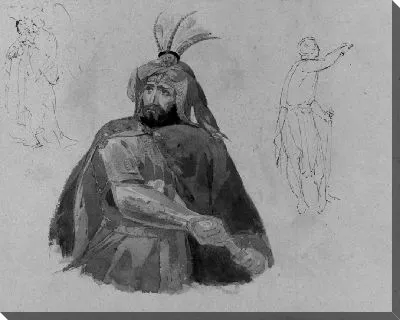 Картина Бородач в доспехах и плаще, обнажающий меч (Макбет?); Три стоящих Ангела (или ведьмы?); Мужская фигура в шкурах (из альбома для рисования)