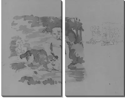 Картина Девушка и собака; Собака и сундук (из альбома для рисования)