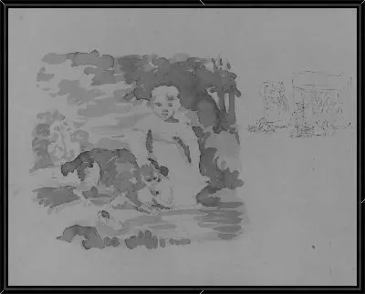 Картина Девушка и собака; Собака и сундук (из альбома для рисования)