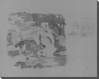 Картина Девушка и собака; Собака и сундук (из альбома для рисования)