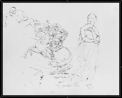 Картина Эскиз после перехода Наполеона Давида через Альпы; лежащий обнаженный мужчина; стоящая женщина (из альбома для эскизов)