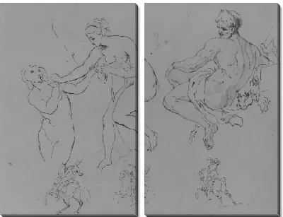 Картина Две обнаженные женщины; сидящий обнаженный мужчина (после Микеланджело?); Три конные фигуры (из альбома для рисования)