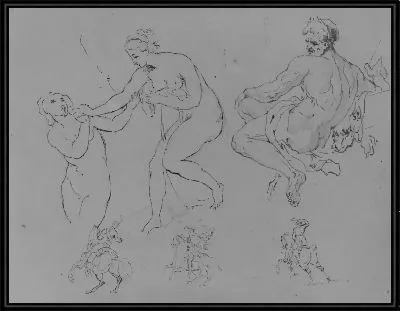 Картина Две обнаженные женщины; сидящий обнаженный мужчина (после Микеланджело?); Три конные фигуры (из альбома для рисования)