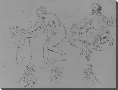Картина Две обнаженные женщины; сидящий обнаженный мужчина (после Микеланджело?); Три конные фигуры (из альбома для рисования)