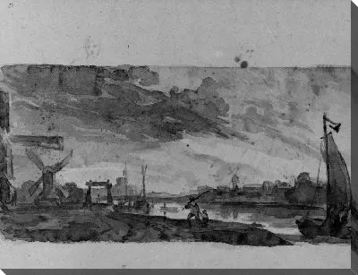 Картина Городской пейзаж с ветряными мельницами (копия после Яна ван Гойена или Саломона Ван Руисдаэля?) (из альбома для рисования)