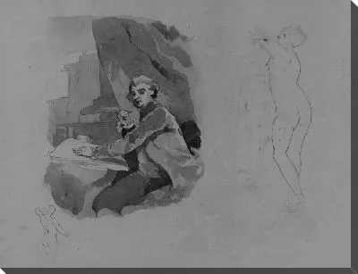 Картина Портрет сидящего мужчины с ручкой и бумагой; Стоящая обнаженная женщина, вид сзади (из альбома для эскизов)