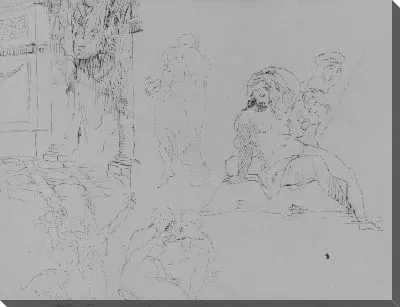 Картина Интерьер дорической ротонды с занавесками; четыре фигурных этюда, включая женскую обнаженную купальщицу с Путти, и Мученичество [святого Варфоломея?] (из альбома для рисования)