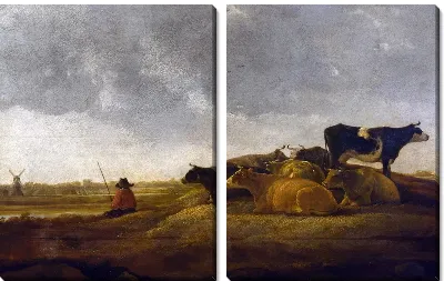 Модульная картина Пастух с семью коровами у реки (A Herdsman with Seven Cows by a River)