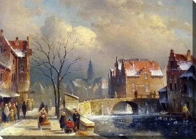 Снежная улица (Winter Villagers on a Snowy Street by a Canal)