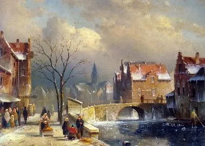 Снежная улица (Winter Villagers on a Snowy Street by a Canal)