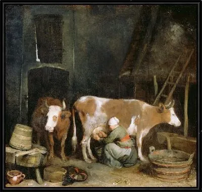 Служанка доит корову в сарае