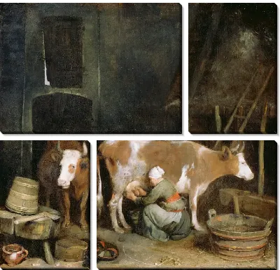 Служанка доит корову в сарае