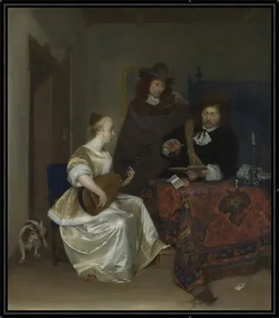 Женщина играет на лютне двум мужчинам