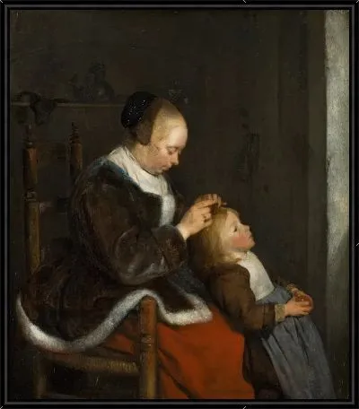 Мать расчесывает волосы своего ребенка, известная как "Охота на вшей"