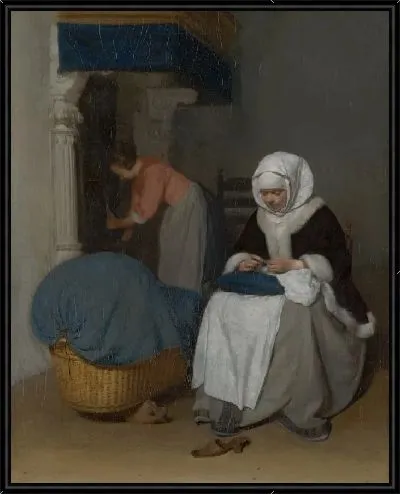 Картина Женщина шьет рядом с колыбелью