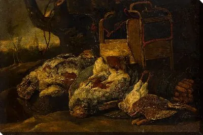 Натюрморт с мертвыми птицами, клеткой и сетью