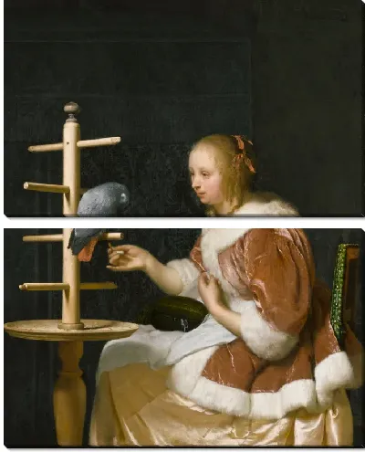 Картина Молодая женщина кормит попугая