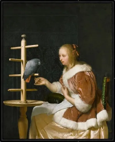 Картина Молодая женщина кормит попугая