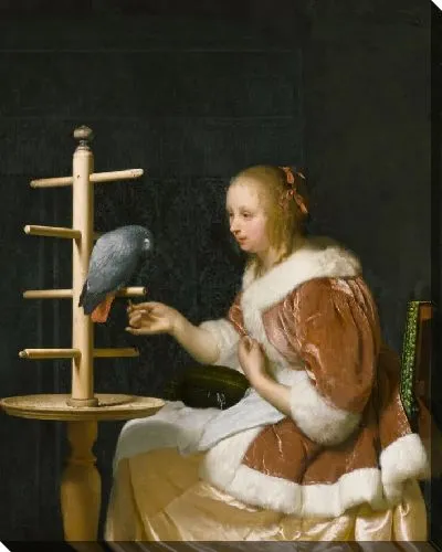 Картина Молодая женщина кормит попугая