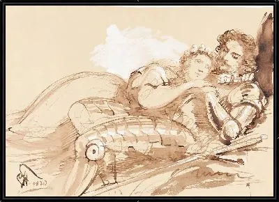 Девушка в объятиях рыцаря в доспехах