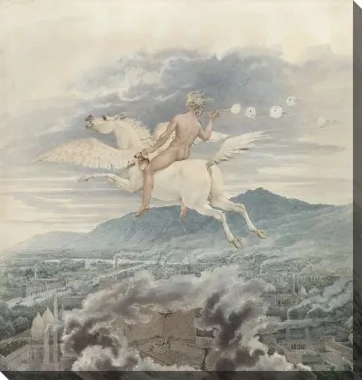 Картина Женская фигура (выдувание пузырей), как аллегория христианина Петра Вильгельма Бютта, верхом на Пегасе над промышленным городом