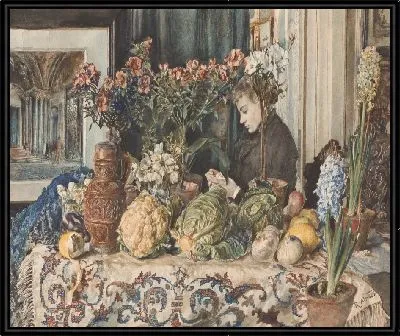 Интерьерный натюрморт с девушкой, цветами и овощами