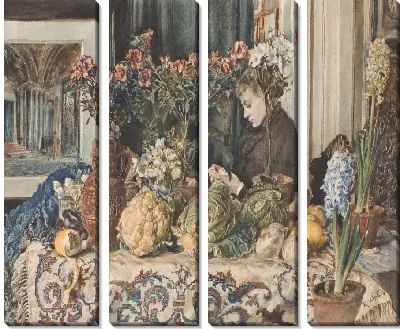 Интерьерный натюрморт с девушкой, цветами и овощами