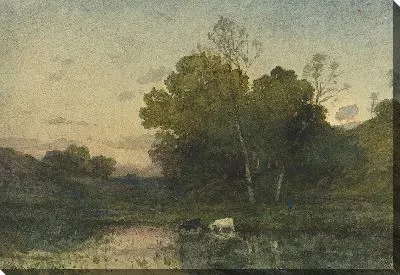 Картина Вечерний свет на лесистом берегу озера с выпиванием скота