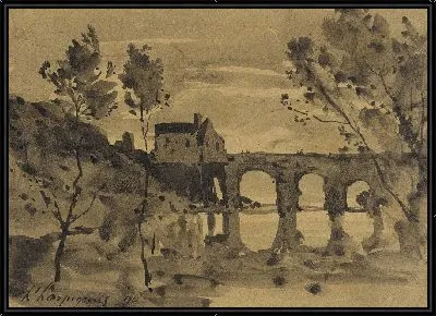 Речной пейзаж с мостом и домом