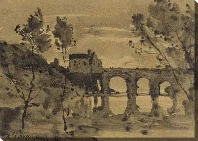 Речной пейзаж с мостом и домом