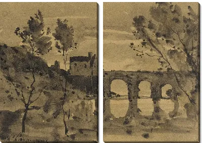 Речной пейзаж с мостом и домом