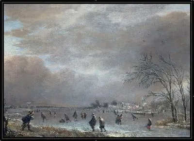 Зимний пейзаж с фигуристами на замерзшей реке