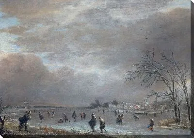 Картина Зимний пейзаж с фигуристами на замерзшей реке