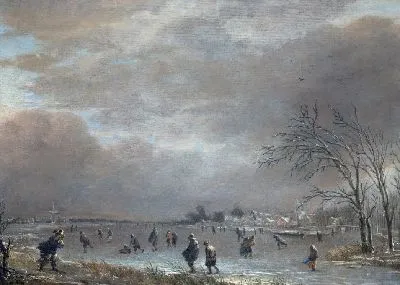 Зимний пейзаж с фигуристами на замерзшей реке