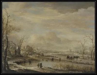 Замерзшая река с пешеходным мостом