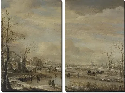 Замерзшая река с пешеходным мостом