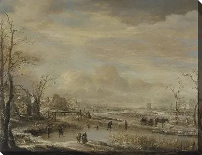 Картина Замерзшая река с пешеходным мостом