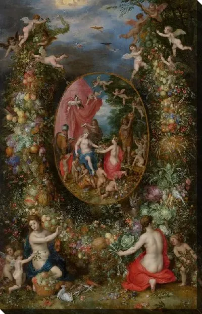 Картина Фруктовая гирлянда с изображением Кибелы, получающей подарки от персонификаций четырех сезонов